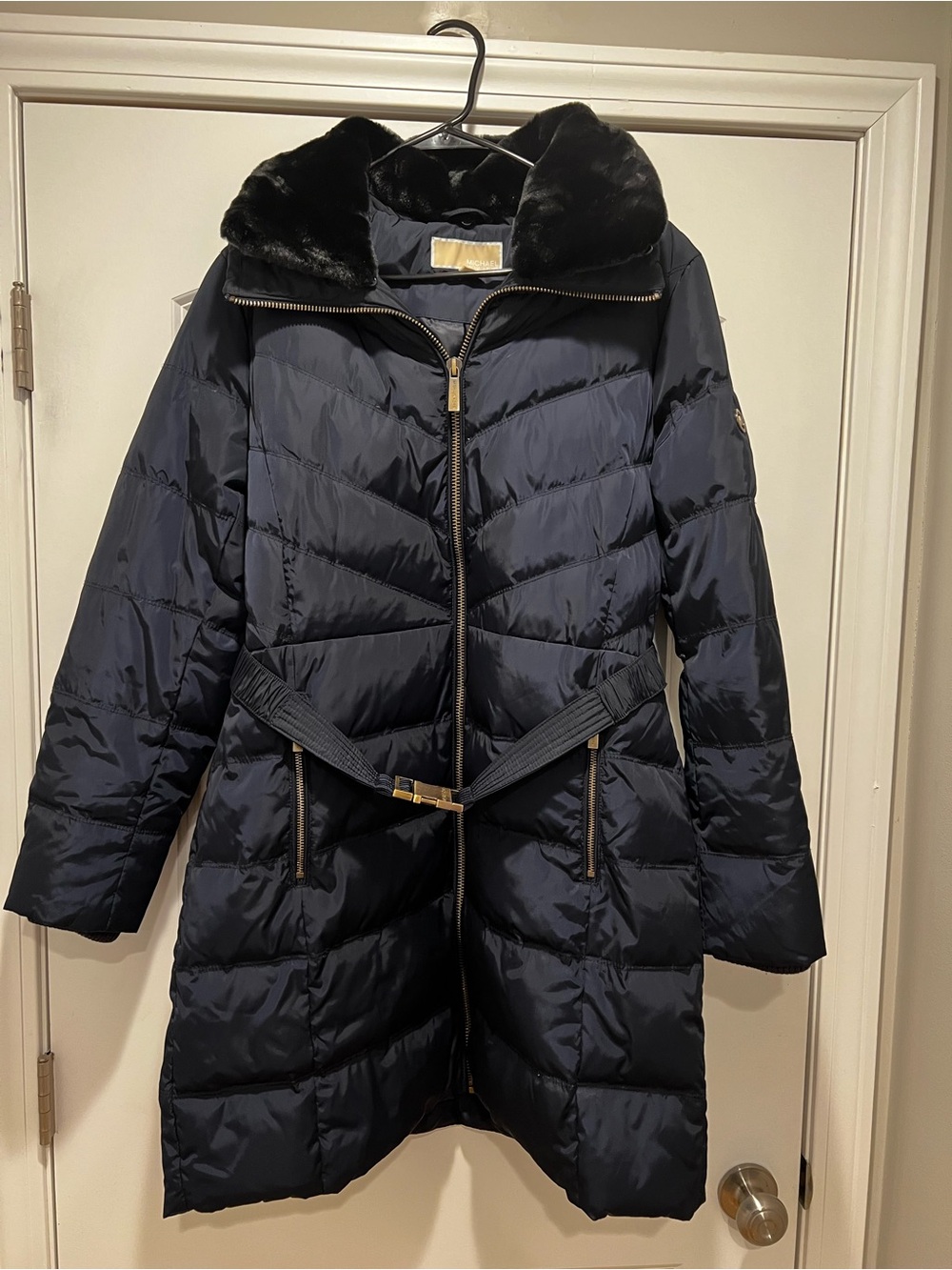 Michael Kors Navy Quilted Puffer Coat with Faux Fur Collar